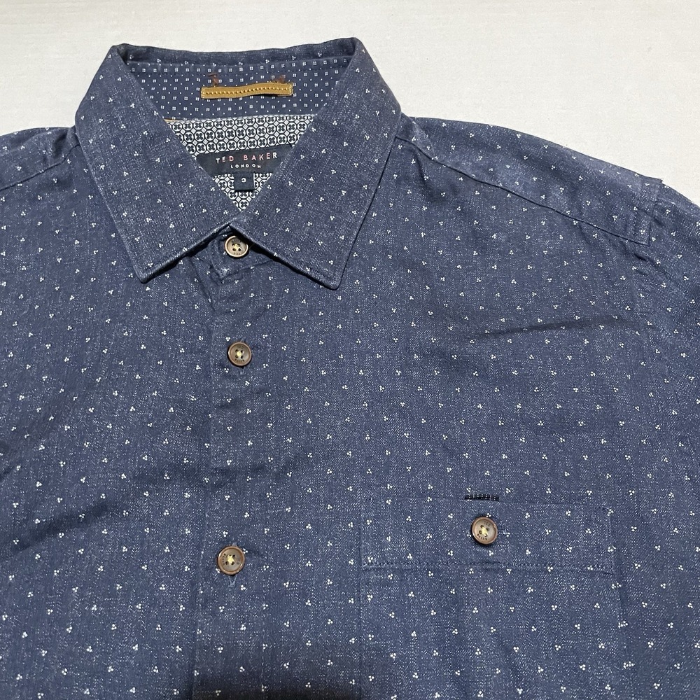 Ted Baker London Button Down Shirt Blue Micro Dot Geometric Collar Size 3
